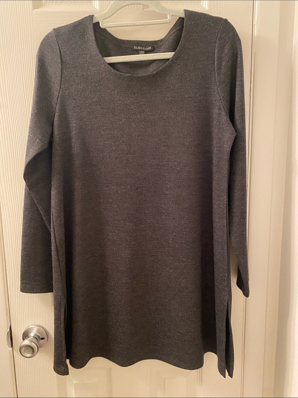 Eileen Fisher 100% Wool Charcoal Gray Long-Sleeve A-Line Knit Dress w/Side Slits